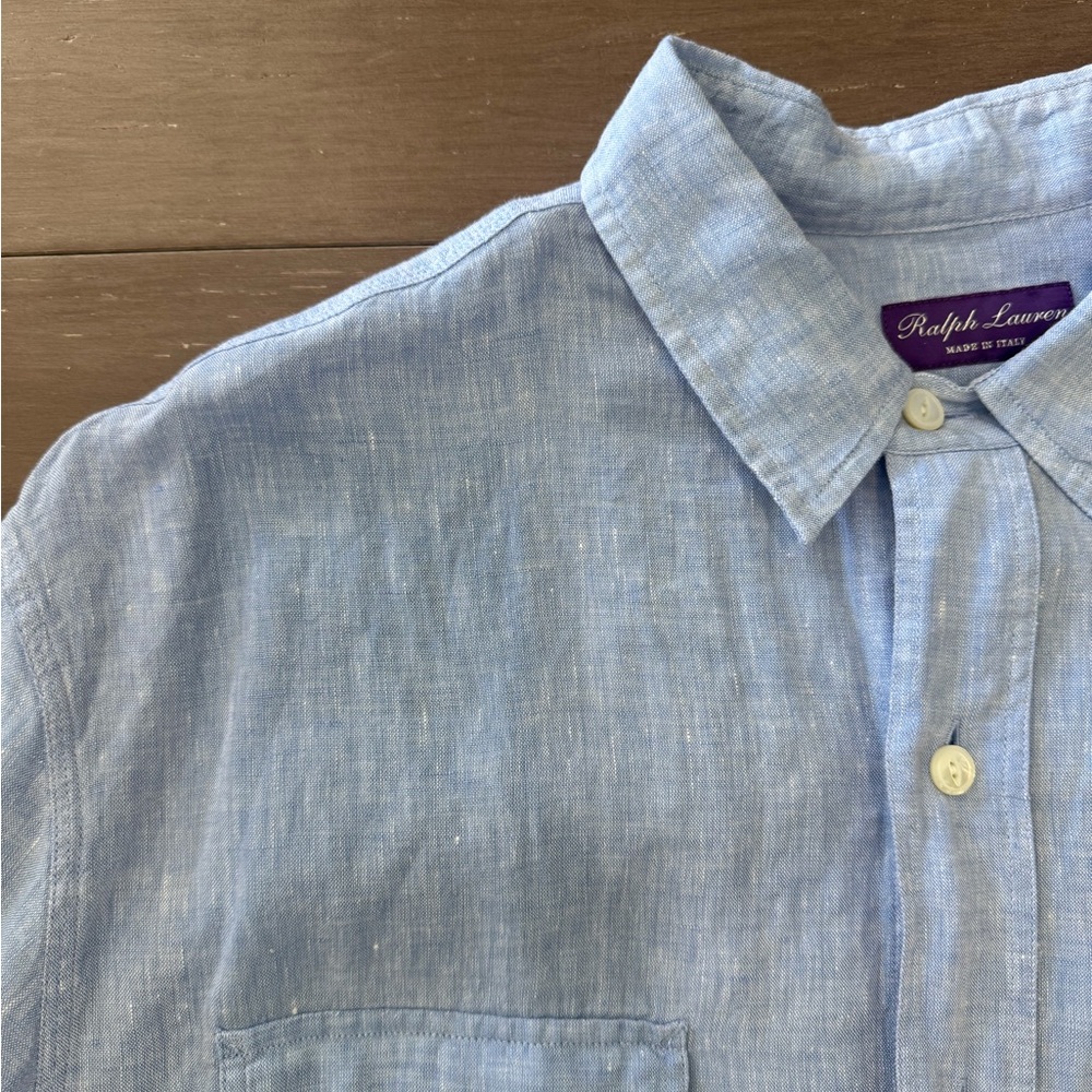 Ralph Lauren Purple Label Linen Sky Blue Casual Button Down Shirt Men’s SZ XL - Picture 2 of 15